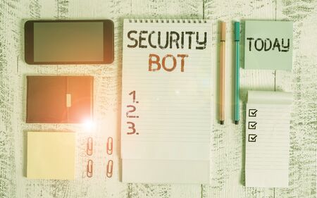 Word writing text Security Bot. Business photo showcasing software that performs an automated task...