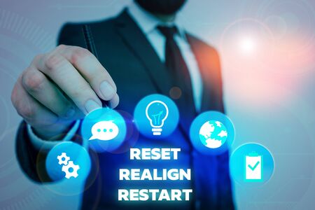 Text sign showing Reset Realign Restart. Business photo showcasing Life audit will help you put things in perspectivesの写真素材