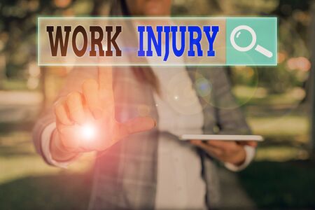 Text sign showing Work Injury. Business photo text illness caused by events or exposures in the work environmentの写真素材