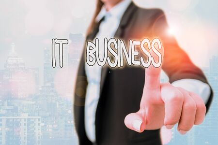 Writing note showing It Business. Business concept for organization uses information technology to achieve goalsの写真素材