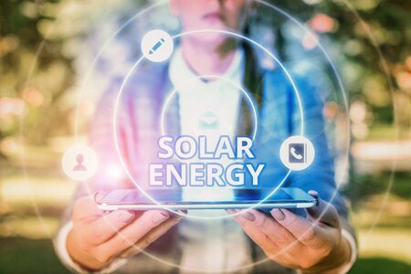 Conceptual hand writing showing Solar Energy. Concept meaning radiation from the Sun capable of producing heat or electricityの写真素材