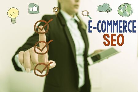 Word writing text E Commerce Seo. Business photo showcasing making your online store more visible in the search engineの写真素材