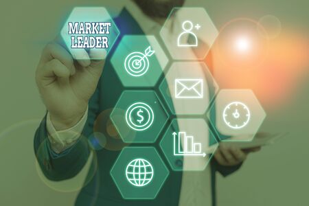 Conceptual hand writing showing Market Leader. Concept meaning company selling the largest quantity of a particular productの写真素材