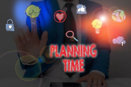 Text sign showing Planning Time. Business photo showcasing Exercising mindful control of time spent on specific activityの写真素材