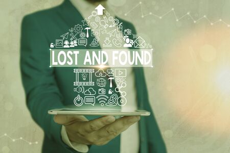 Text sign showing Lost And Found. Business photo showcasing a place where lost items are stored until they reclaimedの写真素材