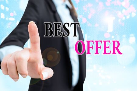 Text sign showing Best Offer. Business photo text great agreement entered by parties for their mutual benefitの写真素材