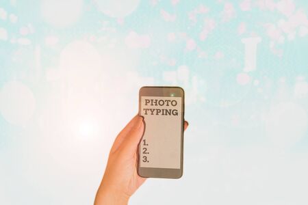 Writing note showing Photo Typing. Business concept for metal printing block use to reproduce a photograph in printingの写真素材