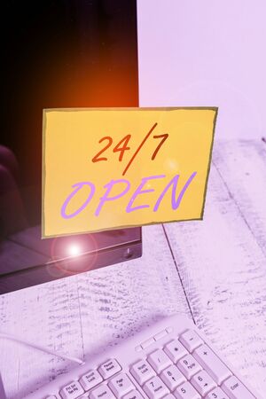 Writing note showing 24 Or 7 Open. Business concept for used to describe a service that is always...