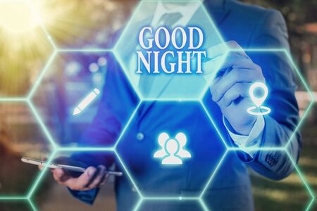 Conceptual hand writing showing Good Night. Concept meaning expressing good wishes on parting at night or before going to bedの写真素材