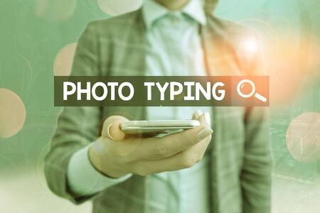 Conceptual hand writing showing Photo Typing. Concept meaning metal printing block use to reproduce a photograph in printingの写真素材