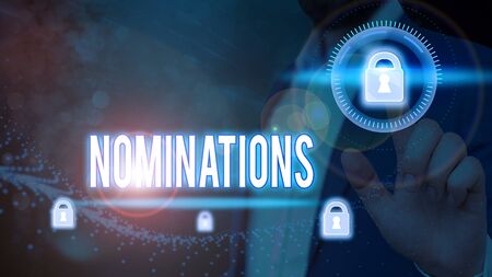 Handwriting text Nominations. Conceptual photo action of nominating or state being nominated for prizeの写真素材