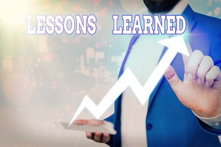 Text sign showing Lessons Learned. Business photo showcasing the knowledge or understanding gained by experienceの写真素材