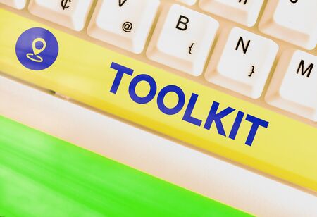 Conceptual hand writing showing Toolkit. Concept meaning set of tools kept in a bag or box and used for a particular purposeの写真素材