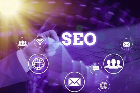 Writing note showing Seo. Business concept for incredibly effective way to market your near business onlineの写真素材