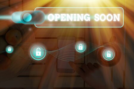 Word writing text Opening Soon. Business photo showcasing an act or instance of making or becoming open to the publicの写真素材