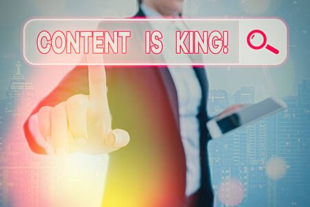 Writing note showing Content Is King. Business concept for marketing focused growing visibility non paid search resultsの写真素材