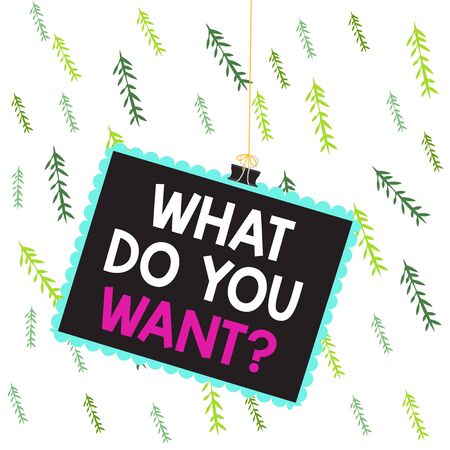 Handwriting text writing What Do You Want Question. Conceptual photo say or write in order to ask about something Stamp stuck binder clip paper clips square color frame rounded tip stickerの写真素材