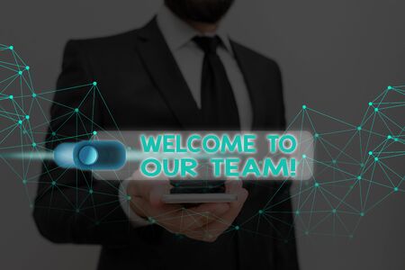 Writing note showing Welcome To Our Team. Business concept for introducing another demonstrating to your team matesの写真素材