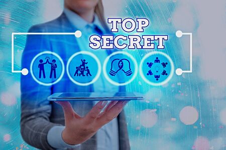 Conceptual hand writing showing Top Secret. Concept meaning protected by a high degree of secrecy Highly confidentialの写真素材