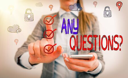 Handwriting text writing Any Questions Question. Conceptual photo you say write order to ask demonstrating about somethingの写真素材