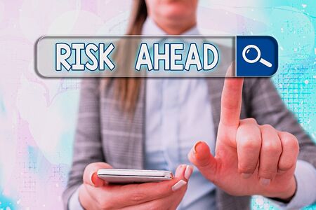 Handwriting text writing Risk Ahead. Conceptual photo A probability or threat of damage, injury liability and lossの写真素材