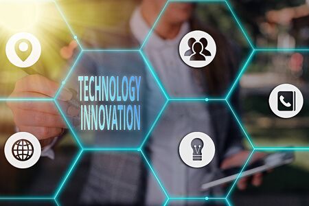 Writing note showing Technology Innovation. Business concept for significant technological changes of productsの写真素材