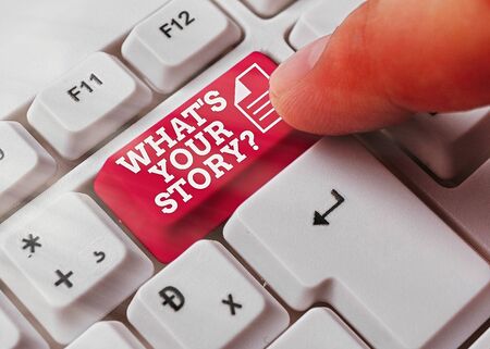 Writing note showing What Is Your Storyquestion. Business concept for manner of asking demonstrating...