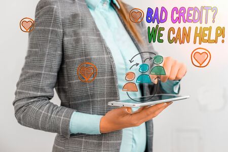 Conceptual hand writing showing Bad Creditquestion We Can Help. Concept meaning offerr help to gain positive payment historyの写真素材