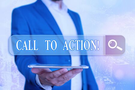 Text sign showing Call To Action. Business photo showcasing exhortation do something in order achieve aim with problemの写真素材