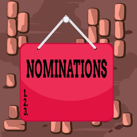 Word writing text Nominations. Business photo showcasing the act of officially suggesting someone for a job or position Colored memo reminder empty board blank space attach background rectangleの写真素材