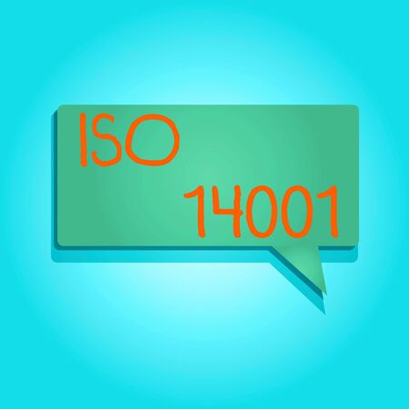 Writing note showing Iso 14001. Business concept for a family of standards related to environmental management Rectangular shape Solid color Halftone Blank Speech Bubble with Shadowの写真素材