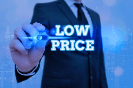 Writing note showing Low Price. Business concept for Price are the lowest in relation to other things of same kindの写真素材