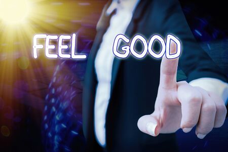 Word writing text Feel Good. Business photo showcasing relating to or promoting an often specious sense of satisfactionの写真素材