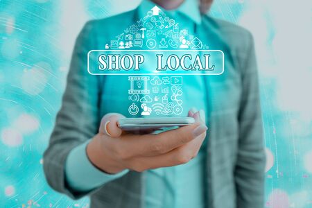 Conceptual hand writing showing Shop Local. Concept meaning a preference to buy locally produced goods and servicesの写真素材
