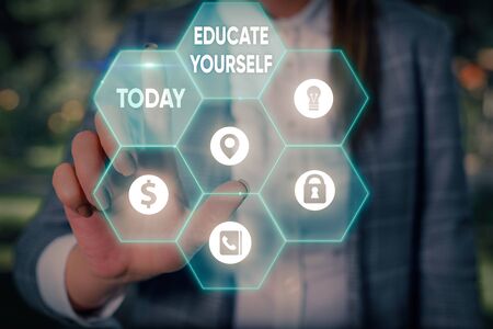 Conceptual hand writing showing Educate Yourself. Concept meaning prepare oneself or someone in a particular area or subjectの写真素材