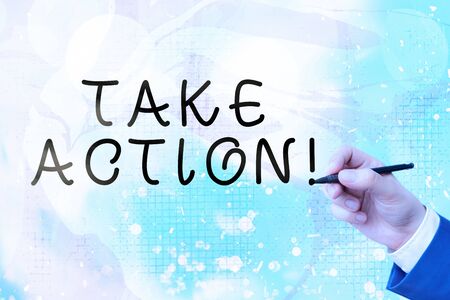 Conceptual hand writing showing Take Action. Concept meaning do something official or concerted to achieve aim with problemの写真素材