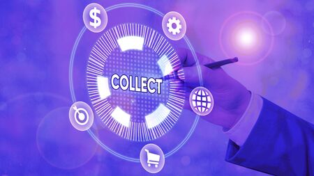 Conceptual hand writing showing Collect. Concept meaning gathering or bringing something together To get things in one placeの写真素材