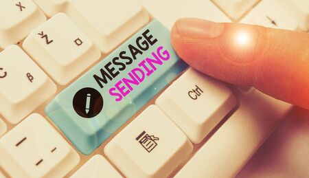Conceptual hand writing showing Message Sending. Concept meaning to convey or communicate one s is feelings or desiresの写真素材