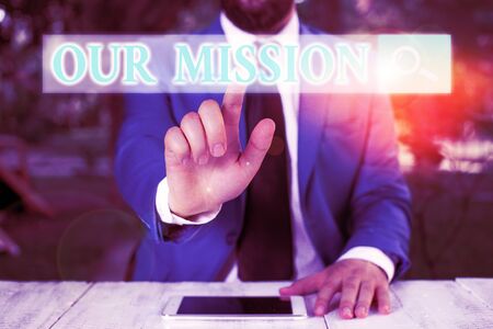 Handwriting text writing Our Mission. Conceptual photo A written declaration of an organization s is core purposeの写真素材