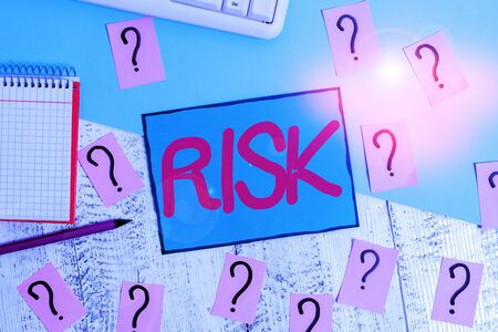 Text sign showing Risk. Business photo text Possibility of losing something of value or threat of damage Writing tools, computer stuff and math book sheet on top of wooden tableの写真素材
