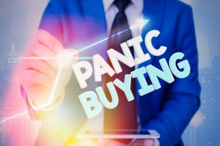 Text sign showing Panic Buying. Business photo text buying large quantities due to sudden fear of coming shortageの写真素材