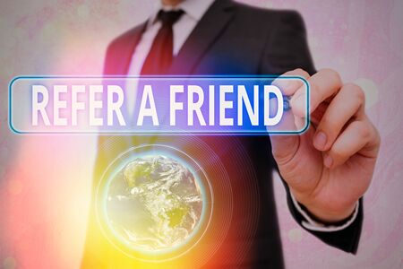 Word writing text Refer A Friend. Business photo showcasing direct someone to another or send him something like giftの写真素材