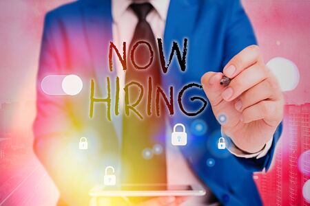 Writing note showing Now Hiring. Business concept for Workforce Wanted Employees Recruitment Today Job Opportunityの写真素材