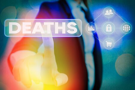 Conceptual hand writing showing Deaths. Concept meaning permanent cessation of all vital signs, instance of dying individualの写真素材