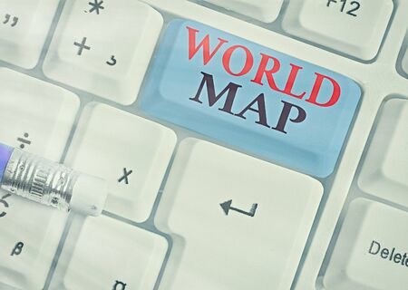 Conceptual hand writing showing World Map. Concept meaning a diagrammatic representation of the surface of the earthの写真素材