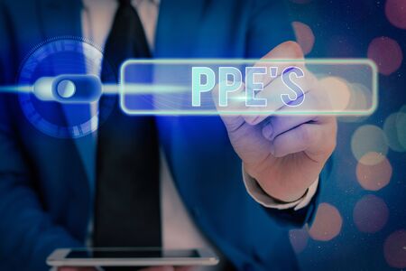 Writing note showing Ppes. Business concept for Specialized equipment for protection against health and safety hazardの写真素材