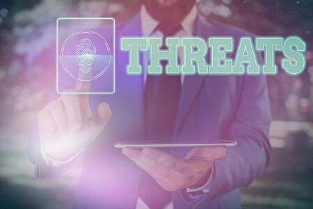 Writing note showing Threats. Business concept for Statement of an intention to inflict pain hostile action on someoneの写真素材