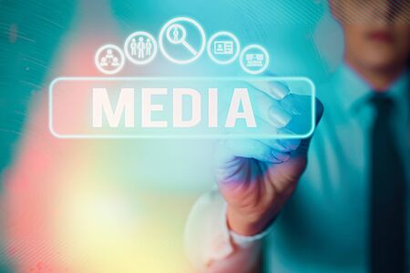 Writing note showing Media. Business concept for the main means of mass communicationthat are...