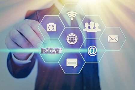 Writing note showing Dataset. Business concept for collection of numbers or values that relate to a particular subjectの写真素材