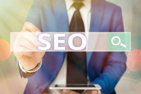 Word writing text Seo. Business photo showcasing Practice of increasing the quantity and quality of traffic to a websiteの写真素材